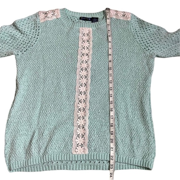 Architect Blue Crochet Open Knit Sweater White Lace Trim Lightweight Pullover L - Picture 6 of 7